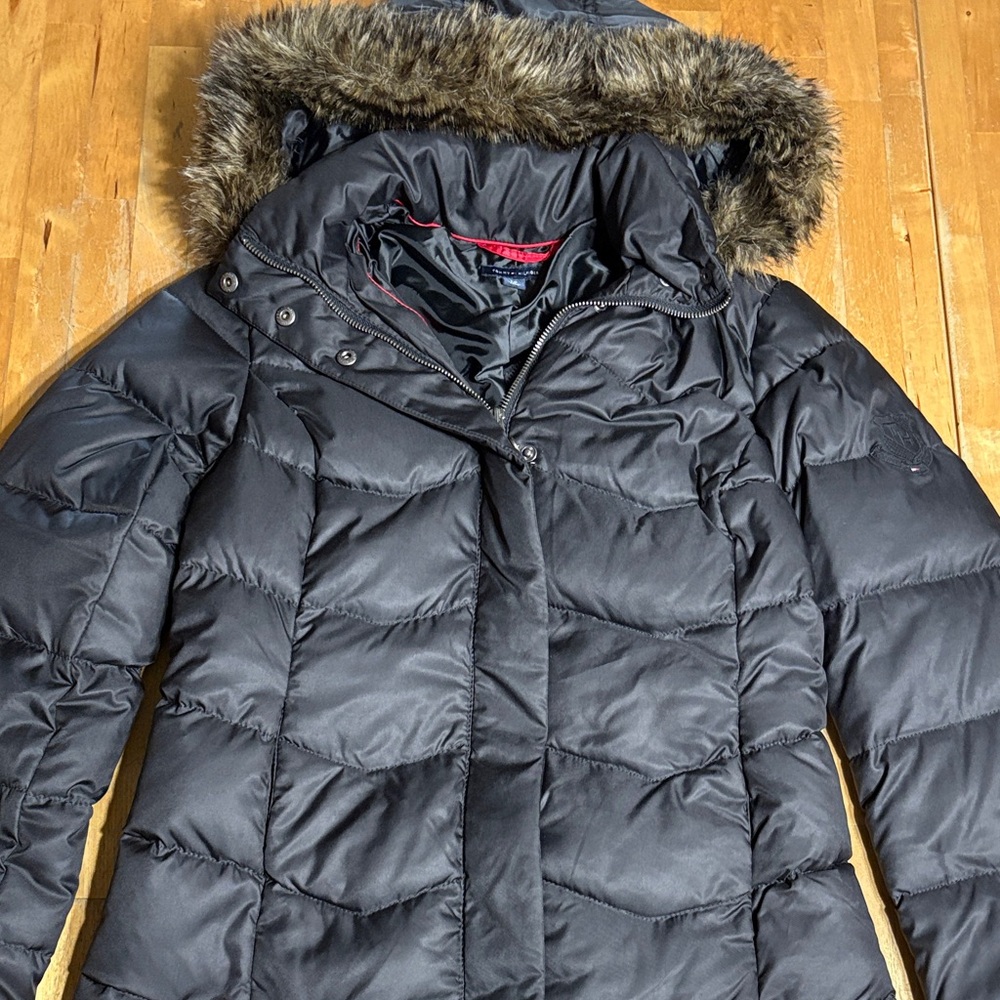Tommy Hilfiger Black Puffer Jacket with Faux Fur Hood